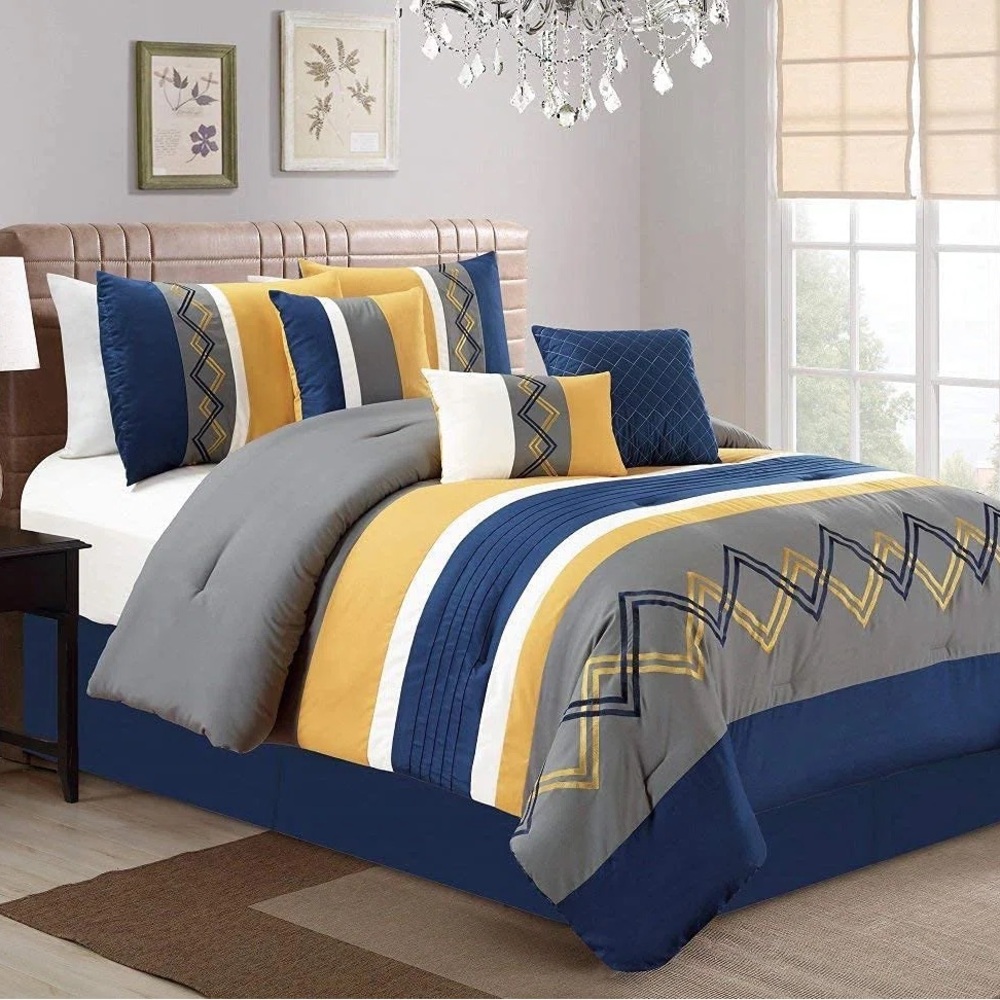Elegant Blue and Yellow Queen 3 piece Bedding Set